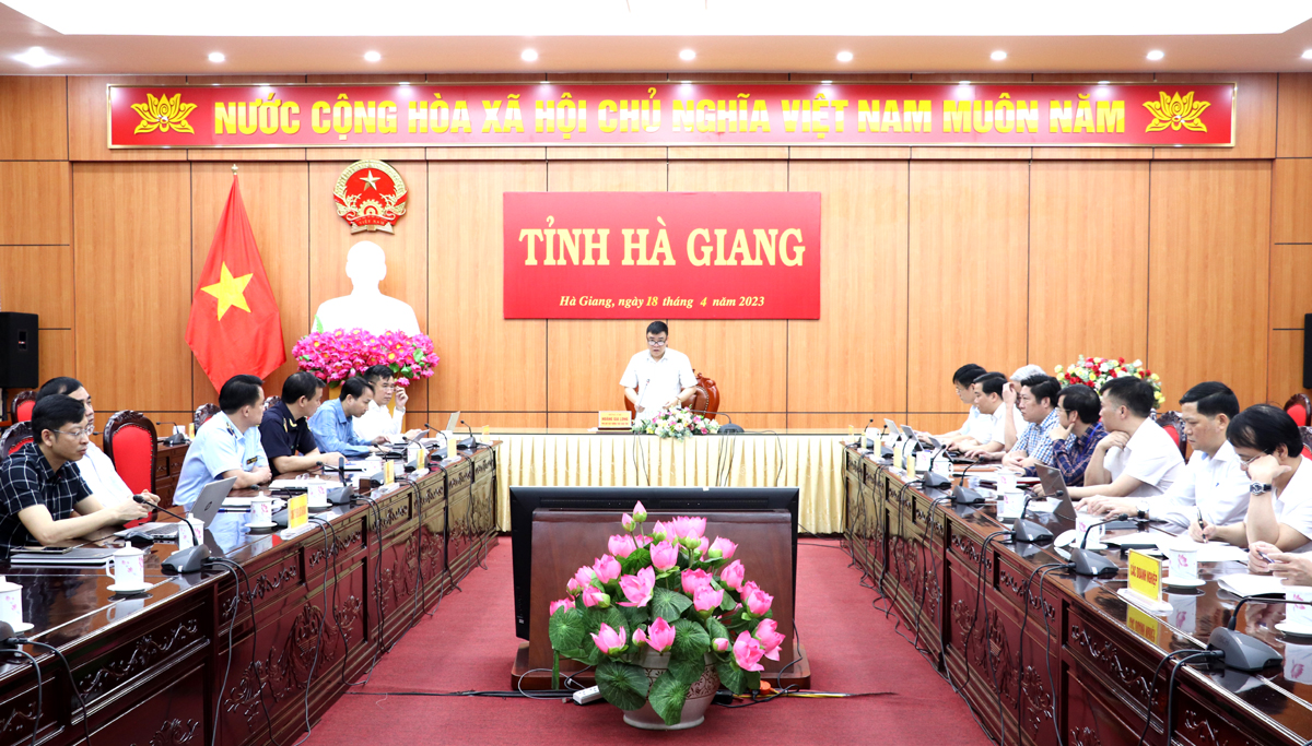 Phó Chủ tịch Thường trực UBND tỉnh Hoàng Gia Long phát biểu tại điểm cầu tỉnh Hà Giang.
