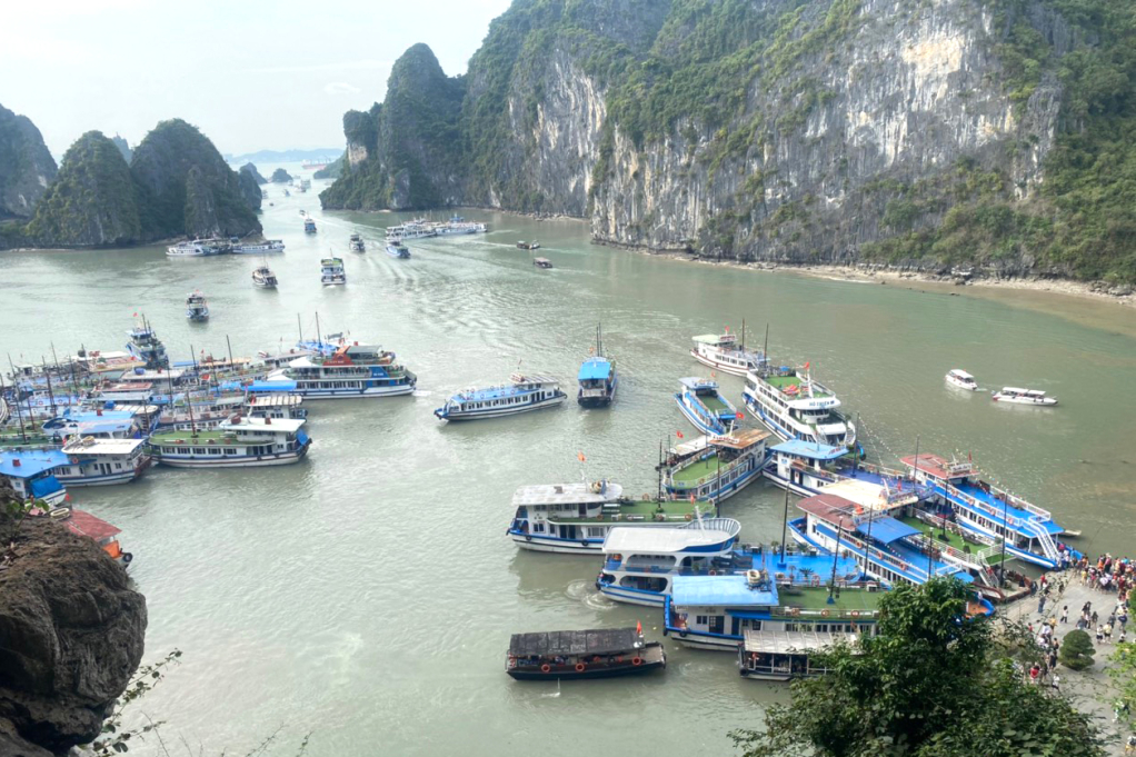 Tàu bè tấp nập đưa đón khách.