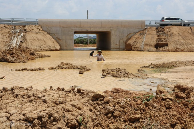 Hầm chui qua cao tốc Vĩnh Hảo - Phan Thiết ở khu phố Lâm Hòa, thị trấn Ma Lâm (huyện Hàm Thuận Bắc, tỉnh Bình Thuận) bị ngập nước, ông Phạm Quang Thành, 57 tuổi, nông dân địa phương phải lội nước tới ngang ngực để đi qua về chăm đồng ruộng của gia đình. Ảnh: Việt Quốc