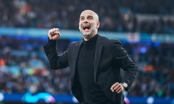 Guardiola phấn khích sau khi Man City hạ Real 4-0 ở bán kết lượt về Champions League ngày 17/5. Ảnh: mancity.com