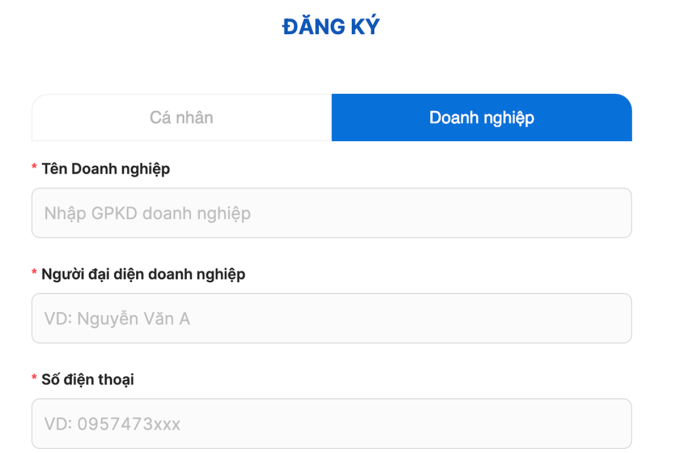 Phần đăng ký của doanh nghiệp trên app.