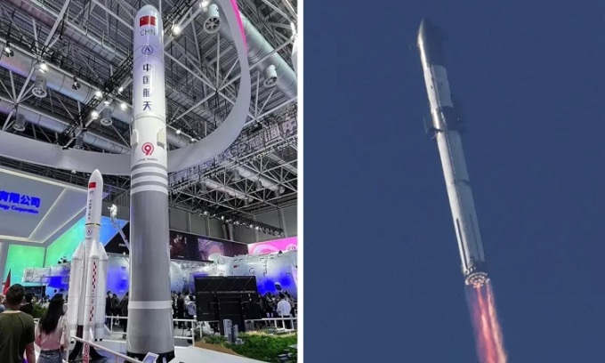 Mô hình tên lửa Trường Chinh 9 (trái) và hệ thống phóng Starship (phải) trong thử nghiệm phóng đầu tiên. Ảnh: Interesting Engineering