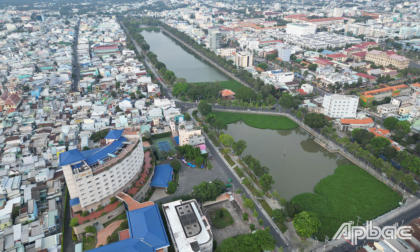 Một góc TP. Mỹ Tho nhìn từ trên cao. 														                             Ảnh: Lập Đức