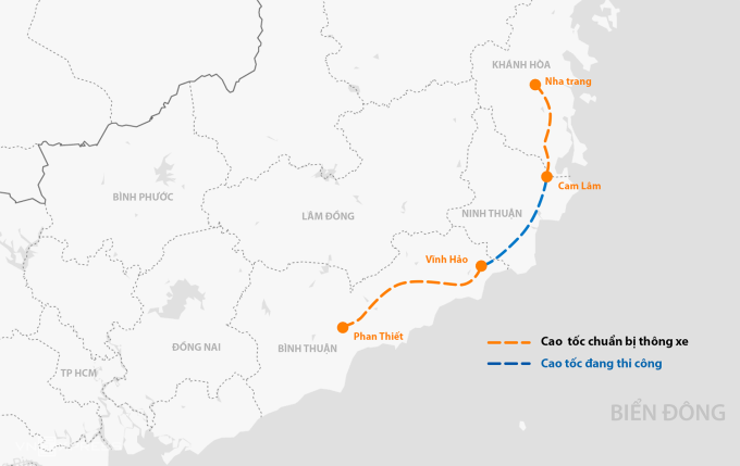 Hướng tuyến cao tốc Nha Trang - Cam Lâm và Vĩnh Hảo - Phan Thiết. Đồ họa: Mạnh Cường