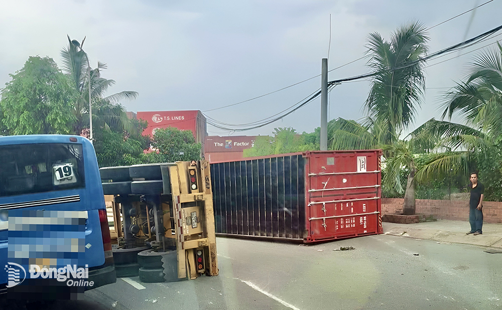 Xe đầu kéo kéo theo rơ-moóc có thùng container lật ngang dưới dạ cầu Đồng Nai (địa phận tỉnh Bình Dương) chiều 17-5. Ảnh: CTV