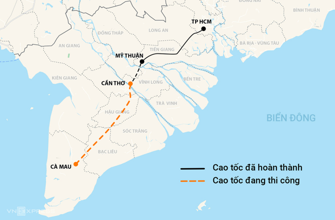 Hướng tuyến cao tốc Cần Thơ - Cà Mau. Đồ hoạ: Mạnh Cường