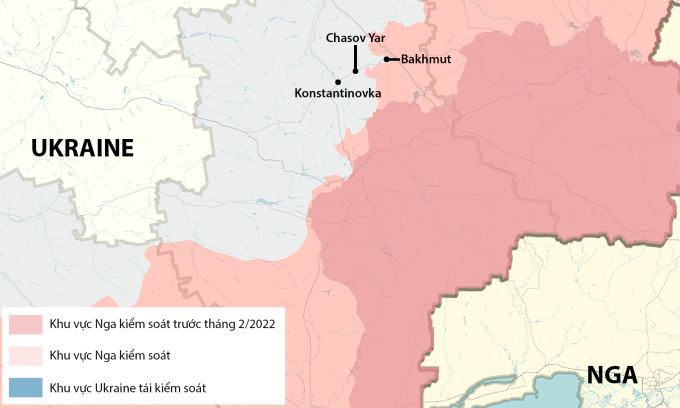 Vị trí thành phố Bakhmut. Đồ họa: RYV