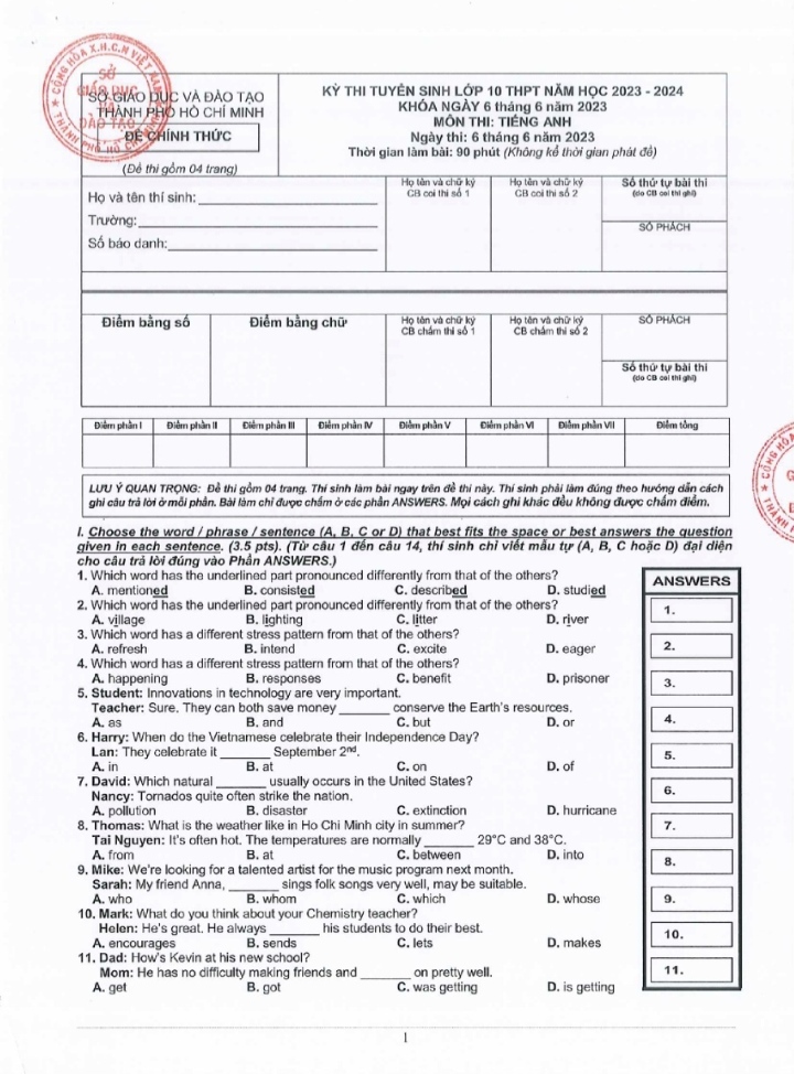 Đáp án chính thức môn tiếng Anh thi vào lớp 10 TP.HCM năm 2023 - 2