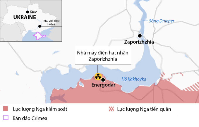 Vị trí nhà máy hạt nhân Zaporizhzhia ở tỉnh Zaporizhzhia. Đồ họa: BBC