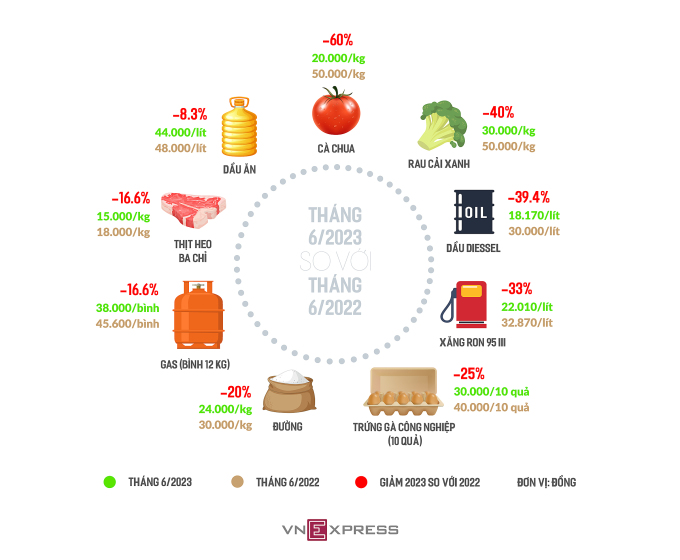 So sánh giá một số loại nhiên liệu, thực phẩm thiết yếu tháng 6/2023 với cùng kỳ năm trước. Đồ hoạ: Đăng Hiếu