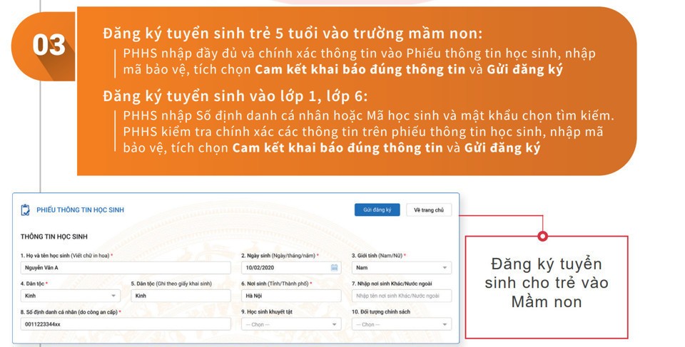 Hướng dẫn đăng ký tuyển sinh trực tuyến vào mầm non, lớp 1, lớp 6 ở Hà Nội