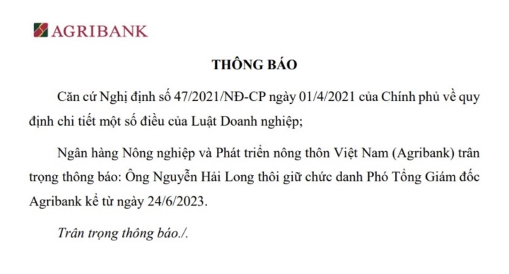 Agribank bất ngờ thông báo một Phó Tổng giám đốc thôi chức - 1