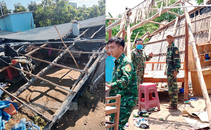 Mưa to kèm lốc xoáy làm sập, tốc mái 8 căn nhà ở xã Thới Thuận, huyện Bình Đại ngày 17-5-2023.