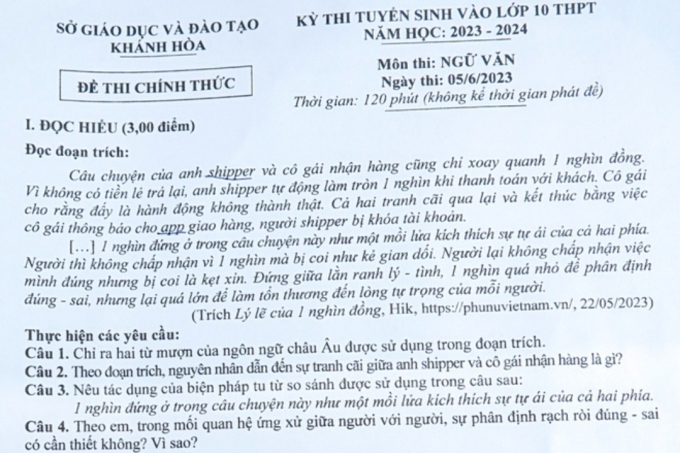 Phần đề thi về câu chuyện anh shipper bị khoá app. Ảnh: Thi Thi