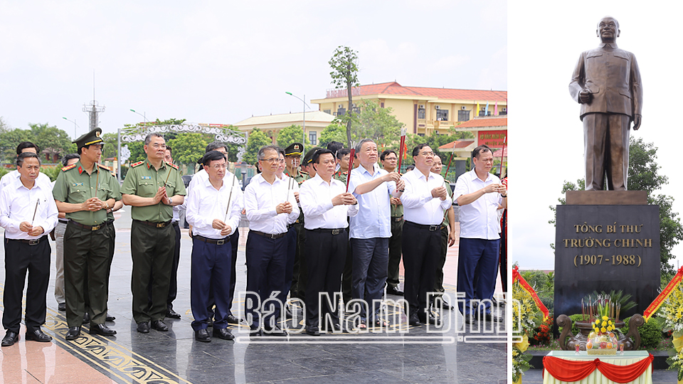 Các đồng chí: Đại tướng Tô Lâm, Uỷ viên Bộ Chính trị, Bộ trưởng Bộ Công an; Nguyễn Xuân Thắng, Uỷ viên Bộ Chính trị, Chủ tịch Hội đồng Lý luận Trung ương, Giám đốc Học viện Chính trị quốc gia Hồ Chí Minh; Phạm Gia Túc, Ủy viên BCH Trung ương Đảng, Bí thư Tỉnh ủy và các đồng chí lãnh đạo dâng hương Tổng Bí thư Trường Chinh tại thị trấn Xuân Trường (Xuân Trường).