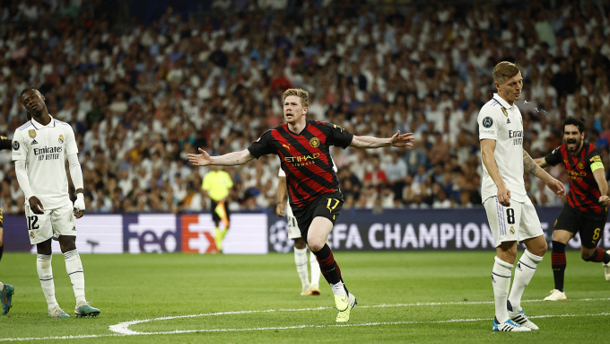 De Bruyne mừng bàn gỡ cho Man City trong trận bán kết lượt đi Champions League gặp Real hôm 9/5. Ảnh: Reuters