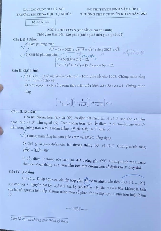 Đề thi Toán vòng 1 vào lớp 10 Trường THPT chuyên Khoa học Tự nhiên - 1