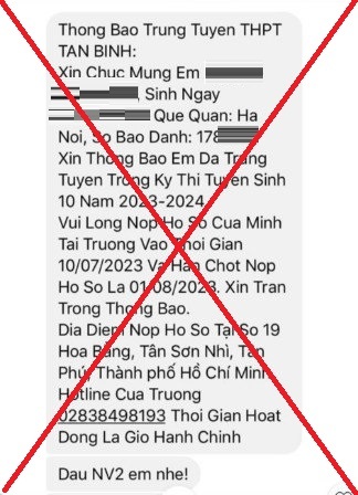 Tin nhắn giả mạo trường THPT Tân Bình gửi đến thí sinh. Ảnh: Sở Giáo dục và Đào tạo TP HCM