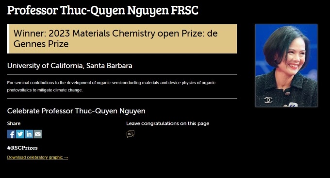 GS Nguyễn Thục Quyên được công bố chiến thắng giải thưởng của RSC. Ảnh chụp màn hình