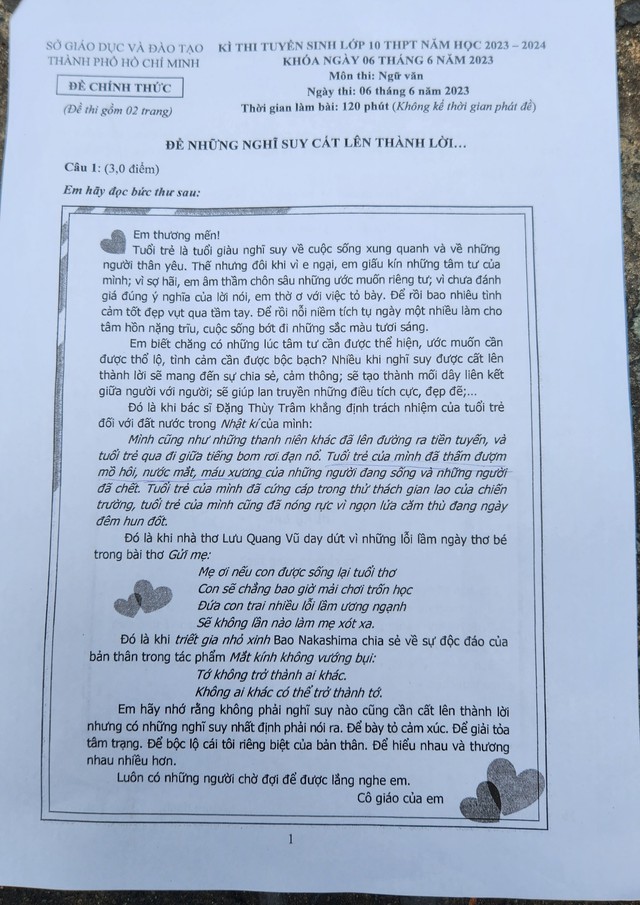 Tuyển sinh lớp 10 TP.HCM năm 2023: Đề thi chính thức môn ngữ văn - Ảnh 1.