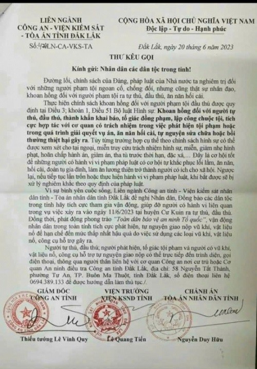 Vụ khủng bố tại Đắk Lắk: Kêu gọi những người liên quan ra tự thú, đầu thú