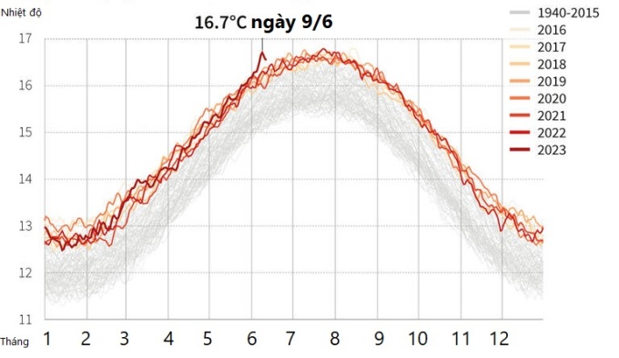 Biểu đồ nhiệt độ trung bình toàn cầu theo ngày qua các năm. Đồ họa: AFP