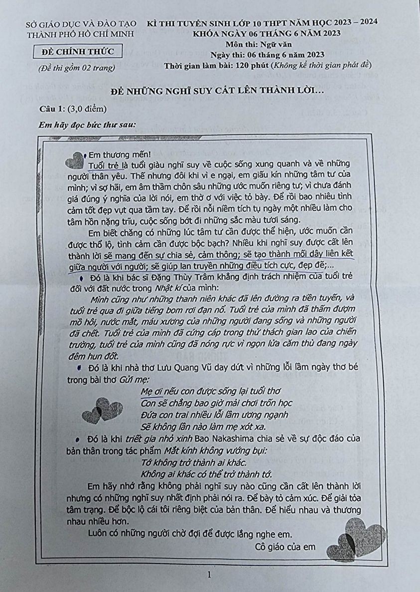 Đề thi môn Ngữ Văn vào lớp 10 tại TP.HCM năm 2023