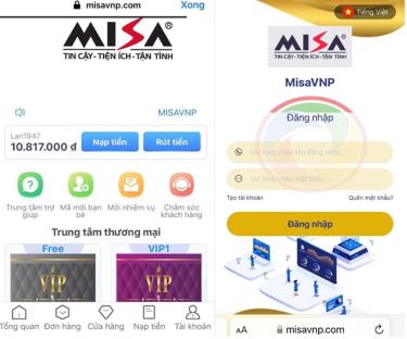Hình ảnh website giả mạo MISA yêu cầu khách hàng nạp tiền lên hệ thống nhằm lừa đảo chiếm đoạt tài sản.