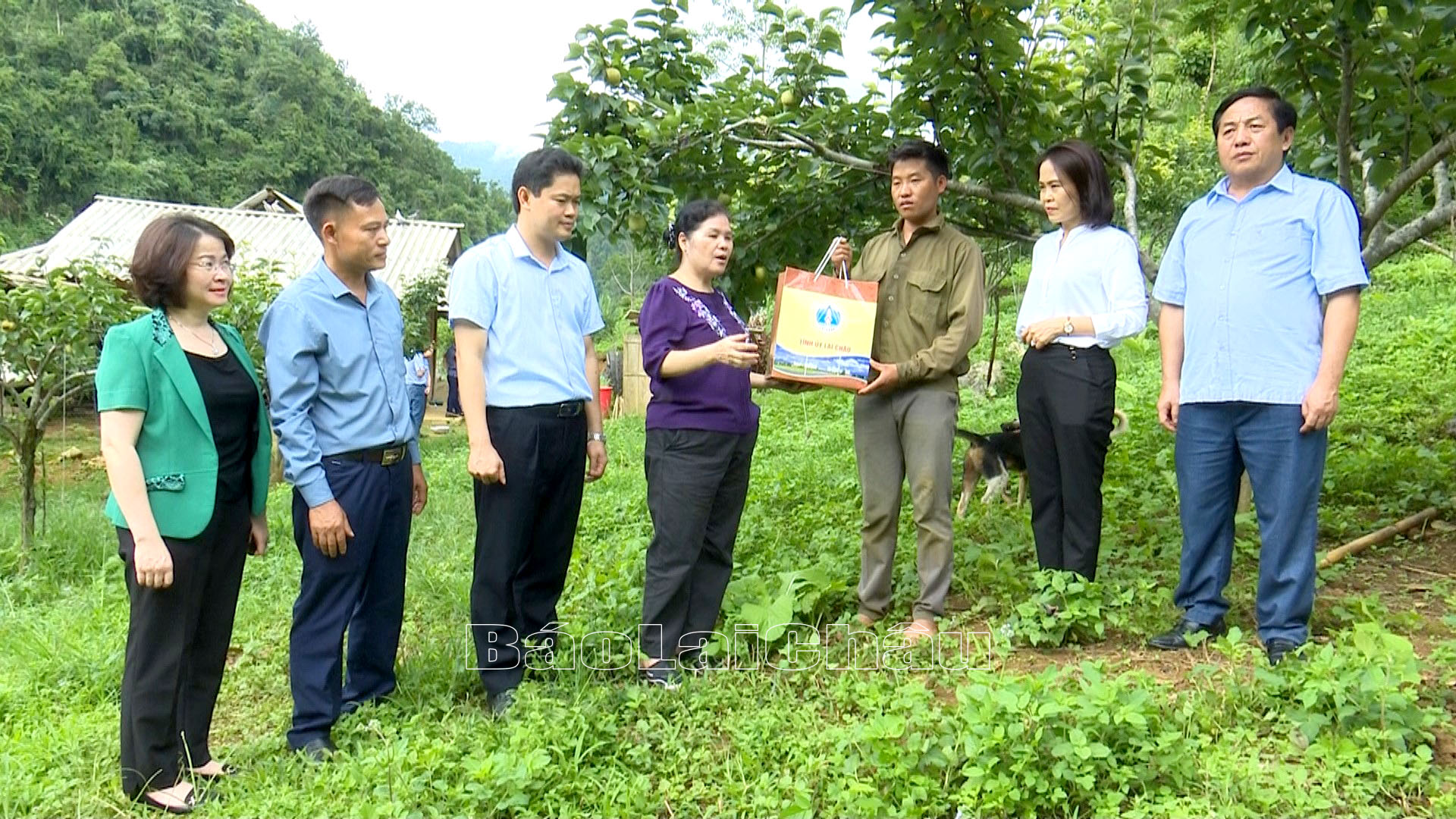 ... tặng quà động viên hộ dân trồng lê ở bản Nùng Nàng, xã Nùng Nàng (huyện Tam Đường).