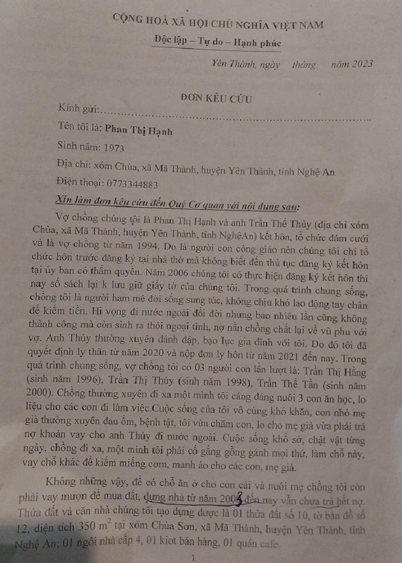 Đơn kêu cứu của chị Hạnh, gửi đến cơ quan báo chí.