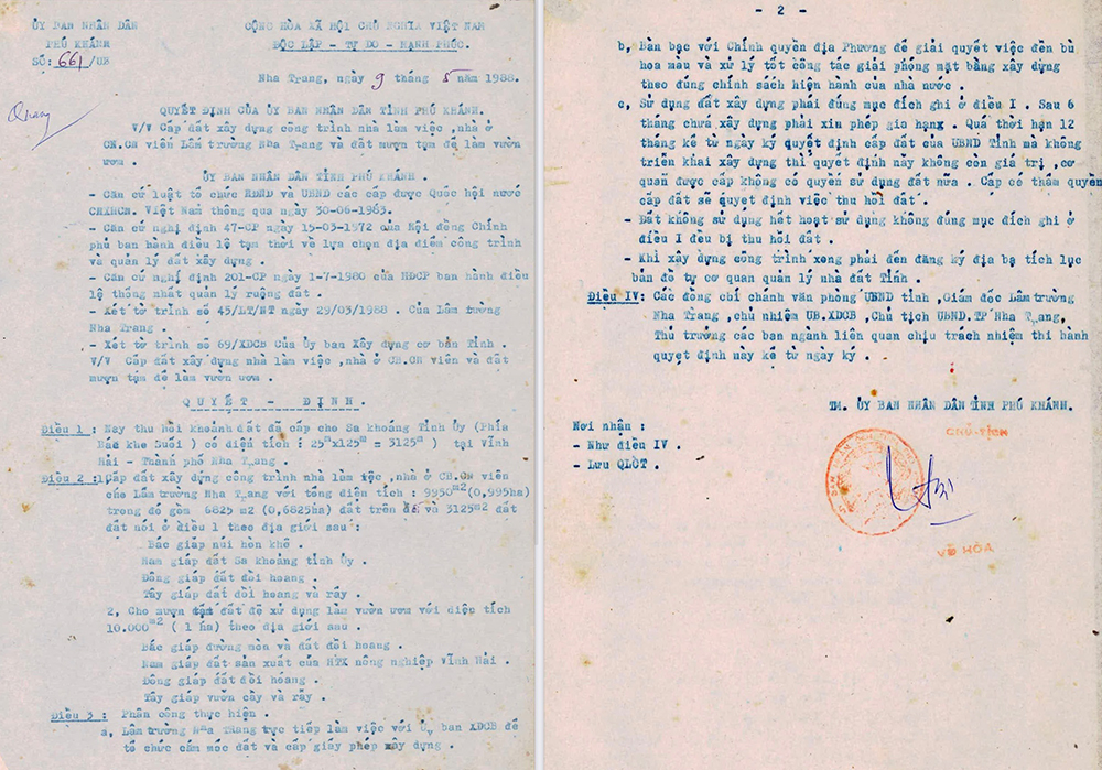 Quyết định số 661 ngày 9-5-1988 của UBND tỉnh Phú Khánh về việc cấp đất xây dựng công trình làm việc, nhà ở cán bộ, công nhân Lâm trường Nha Trang