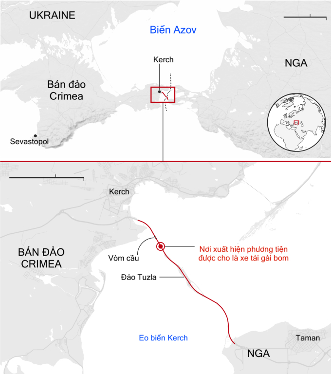 Vị trí cầu Crimea và nơi xảy ra vụ nổ hôm 8/10/2022. Đồ họa: Guardian