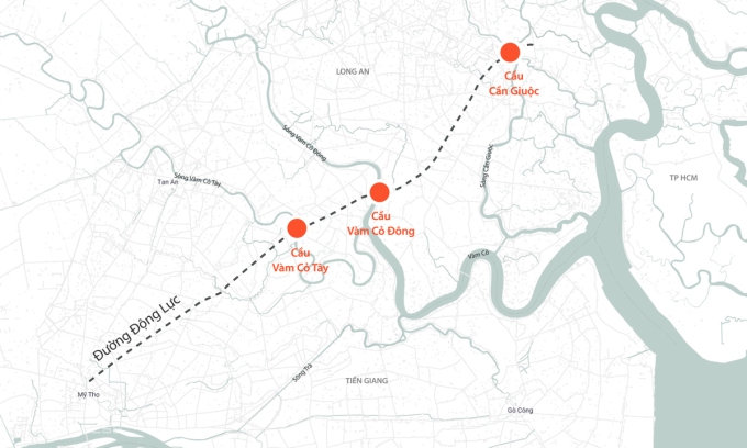 Vị trí 3 cây cầu trên trục động lực nối TP HCM - Long An - Tiền Giang. Đồ họa: Thanh Huyền