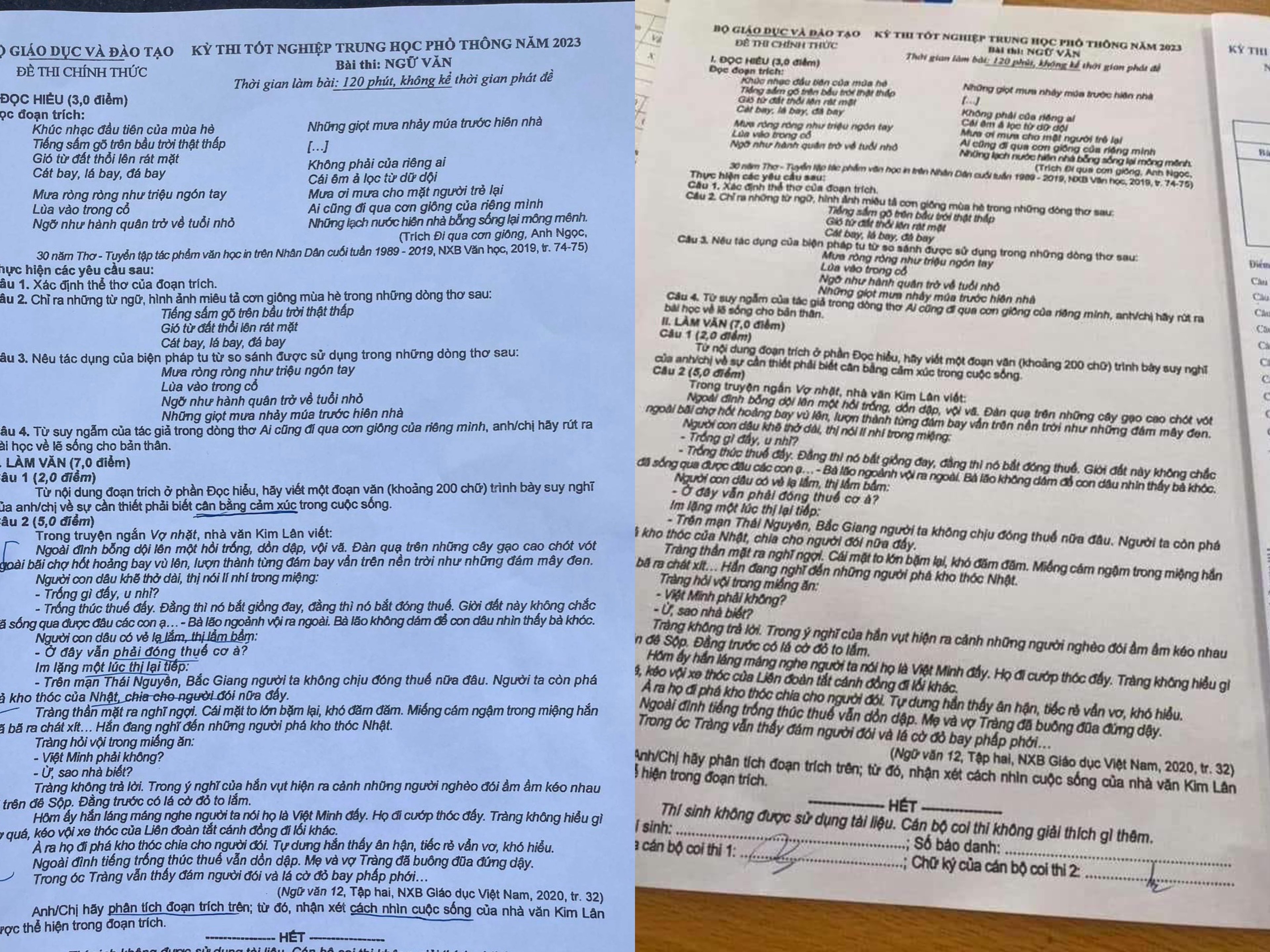 Đề Văn chính thức của Bộ GD&ĐT (trái) và đề thí sinh chụp gửi ra ngoài (phải).