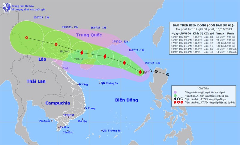 Vị trí và hướng di chuyển của bão số 1. (Nguồn: nchmf.gov.vn)
