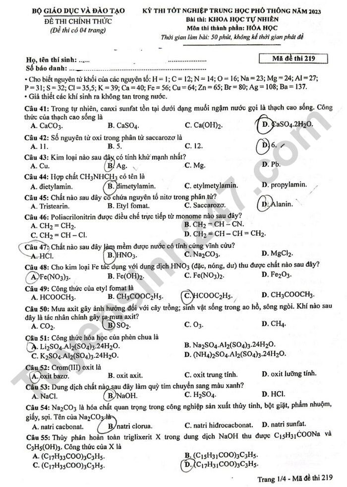 de thi tot nghiep thpt 2023 mon hoa hoc ma de 219 hinh 1