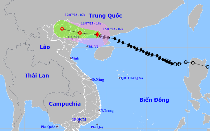 Dự báo đường đi và khu vực ảnh hưởng của bão lúc 7h ngày 18/7. Ảnh: NCHMF