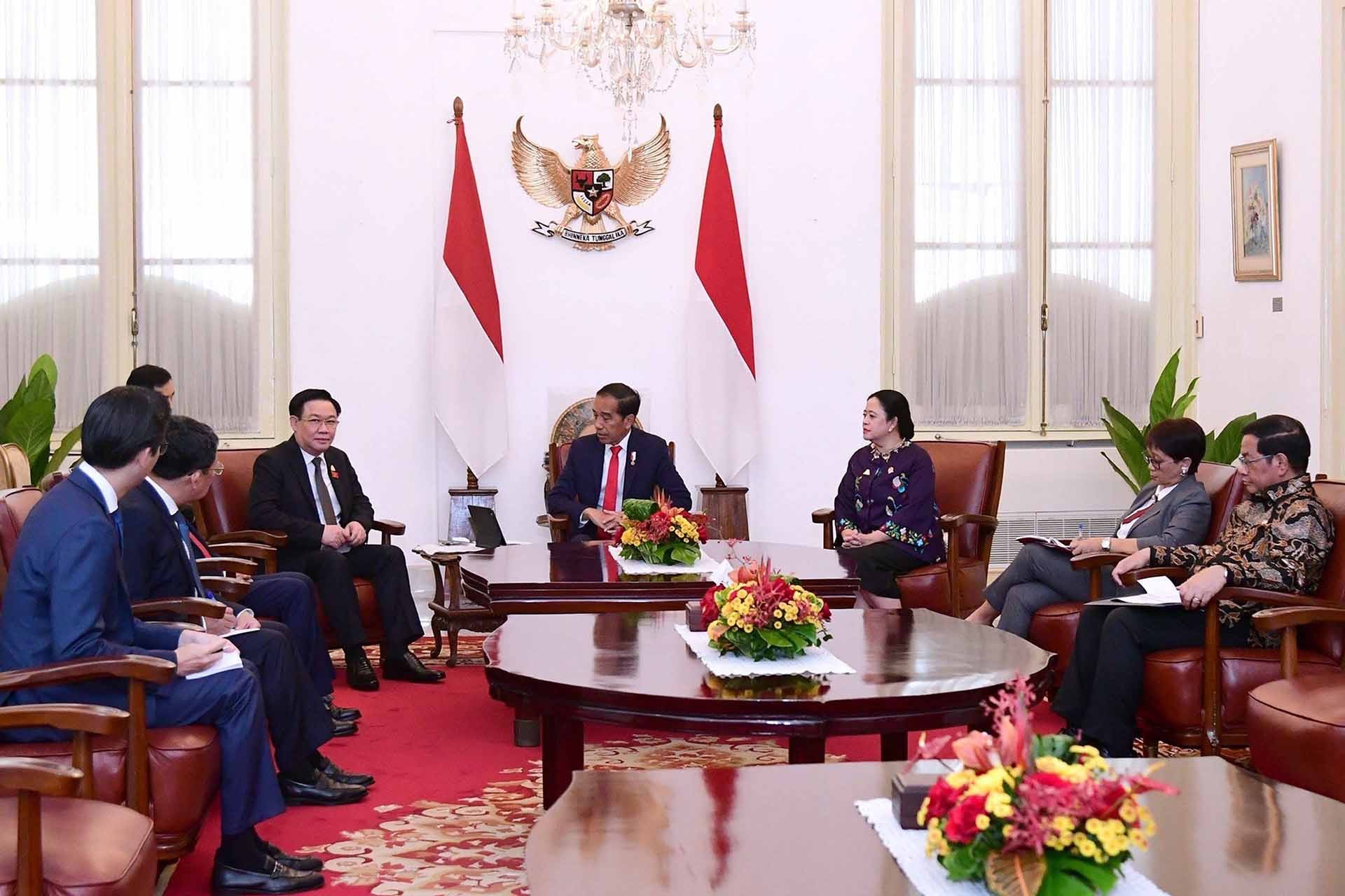 Chủ tịch Quốc hội Vương Đình Huệ hội kiến với Tổng thống Indonesia Joko Widodo. (Nguồn: TTXVN)