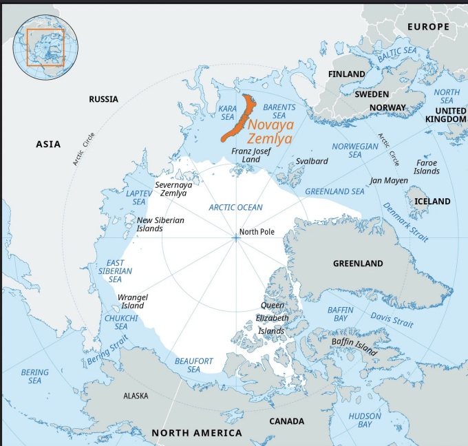 Vị trí quần đảo Novaya Zemlya và các vùng biển quanh Bắc Cực. Đồ họa: Britanica