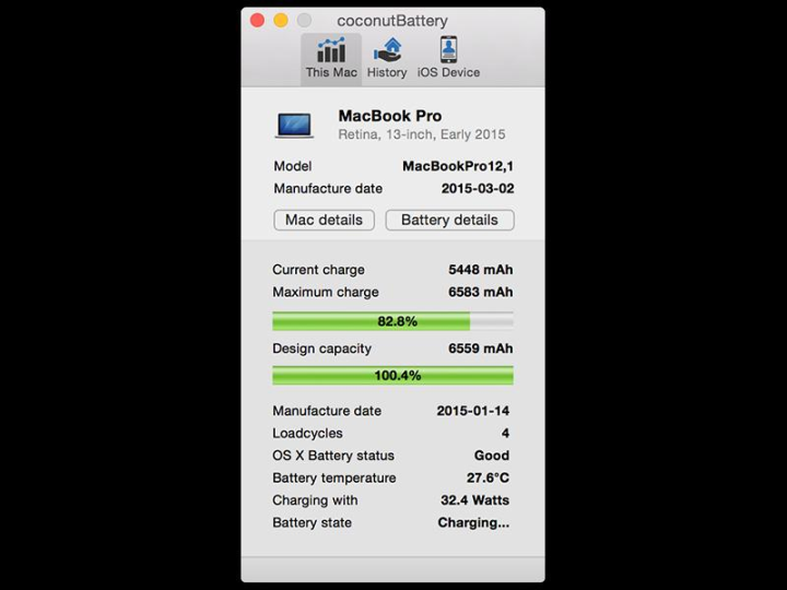 Kiểm tra thông tin pin MacBook bằng Coconut Battery.