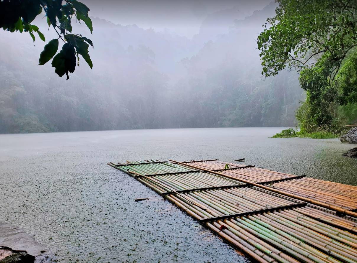 Ngắm mưa rơi trên hồ Ba Bể cũng là trải nghiệm tuyệt vời. 