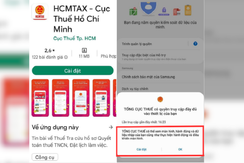 Ứng dụng giả mạo cơ quan thuế đòi cung cấp quyền truy cập vào các dữ liệu nhạy cảm trên điện thoại.