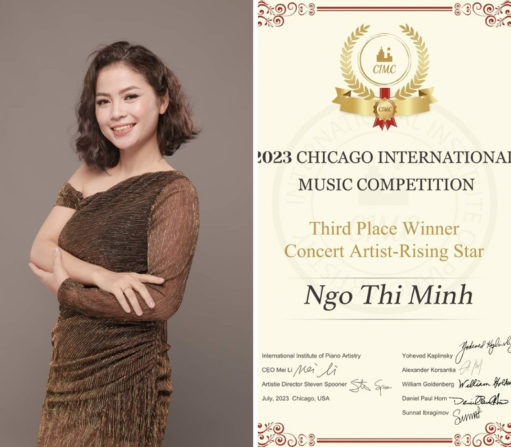 Minh Minh và chứng nhận giải thưởng cuộc thi Âm nhạc Quốc tế Chicago.