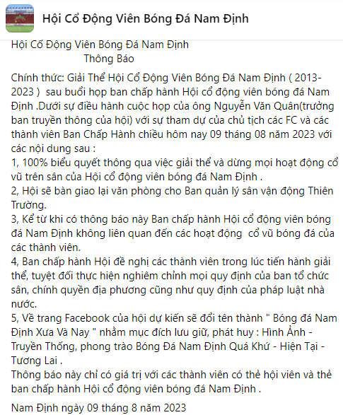 Hội Cổ động viên bóng đá Nam Định bất ngờ giải thể ảnh 2