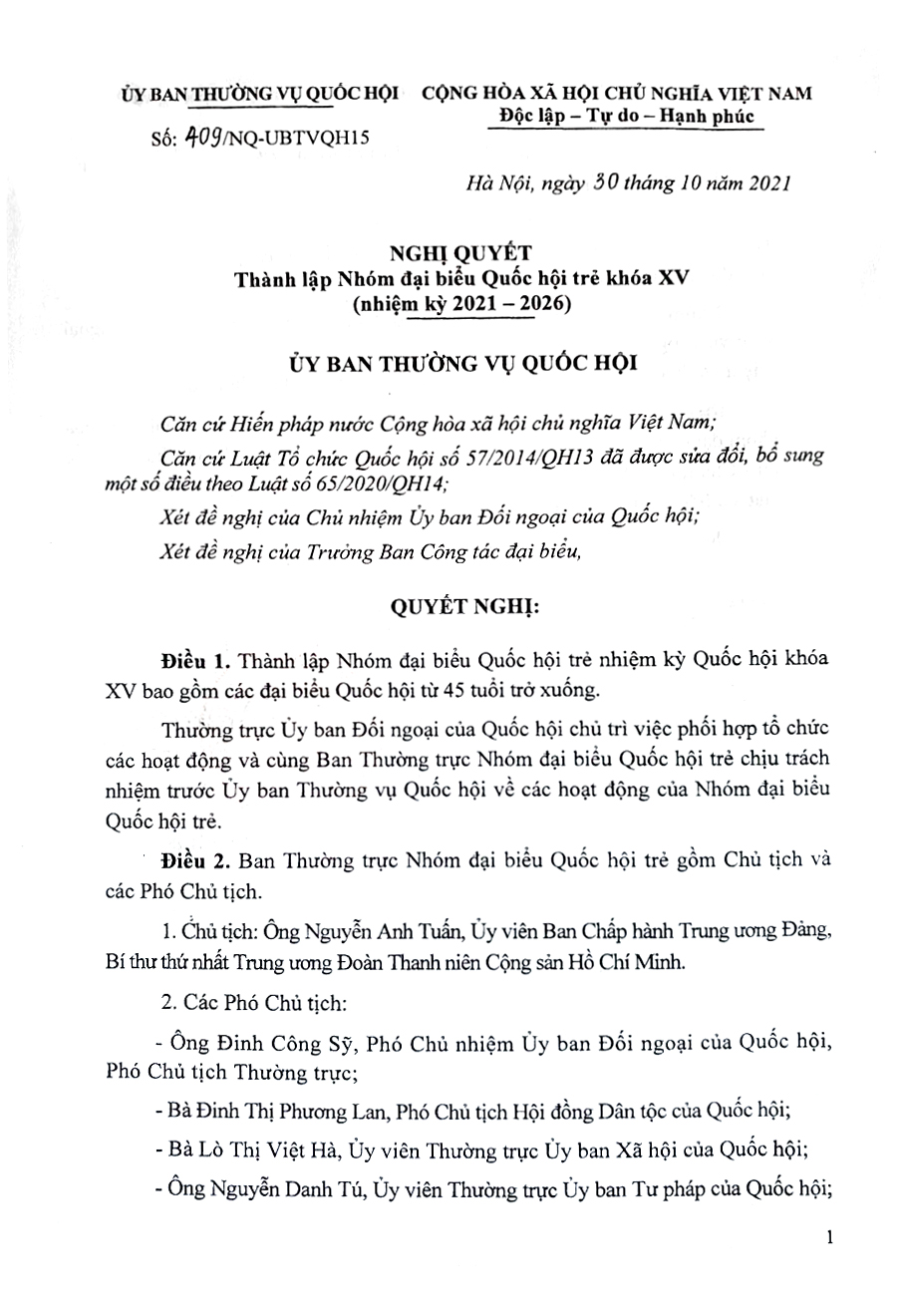 Nghị quyết thành lập Nhóm Đại biểu Quốc hội trẻ khóa XV - Ảnh 1.