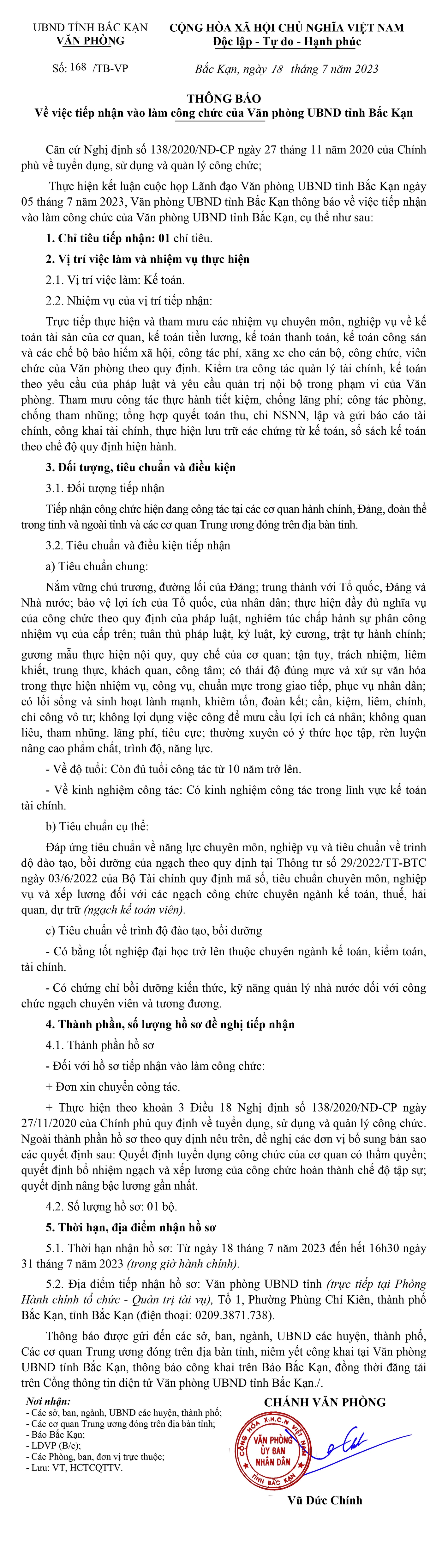 Thông báo tiếp nhận vào làm công chức của Văn phòng UBND tỉnh Bắc Kạn ảnh 1