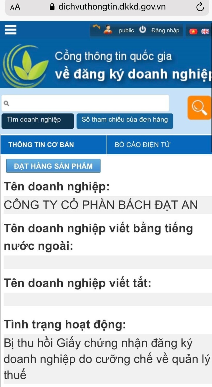 Thông tin Công ty Cổ phần Bách Đạt An bị thu hồi giấy chứng nhận đăng ký doanh nghiệp được cập nhận trên Cổng thông tin quốc gia về đăng ký doanh nghiệp.