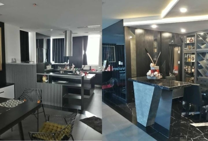 Căn penthouse có màu xám chủ đạo, không gian được đính nhiều đèn cảm giác ấm áp.