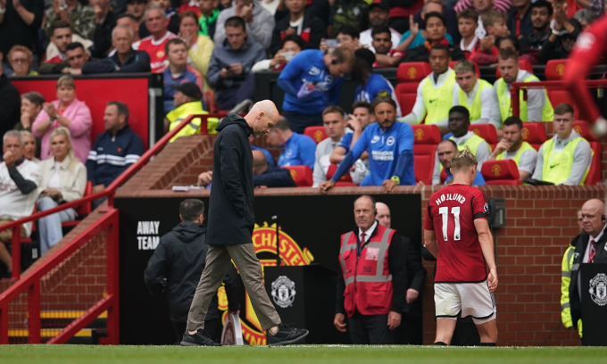 Ten Hag bị CĐV Man Utd chỉ trích vì thay tiền đạo Rasmus Hojlund trong trận thua Brighton. Ảnh: Reuters