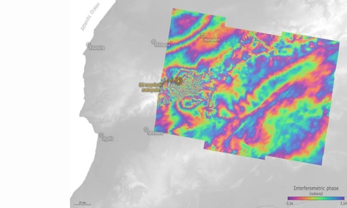 Hình ảnh biểu thị mức độ xê dịch mặt đất do động đất Morocco vào tháng 9/2023. Ảnh: Copernicus